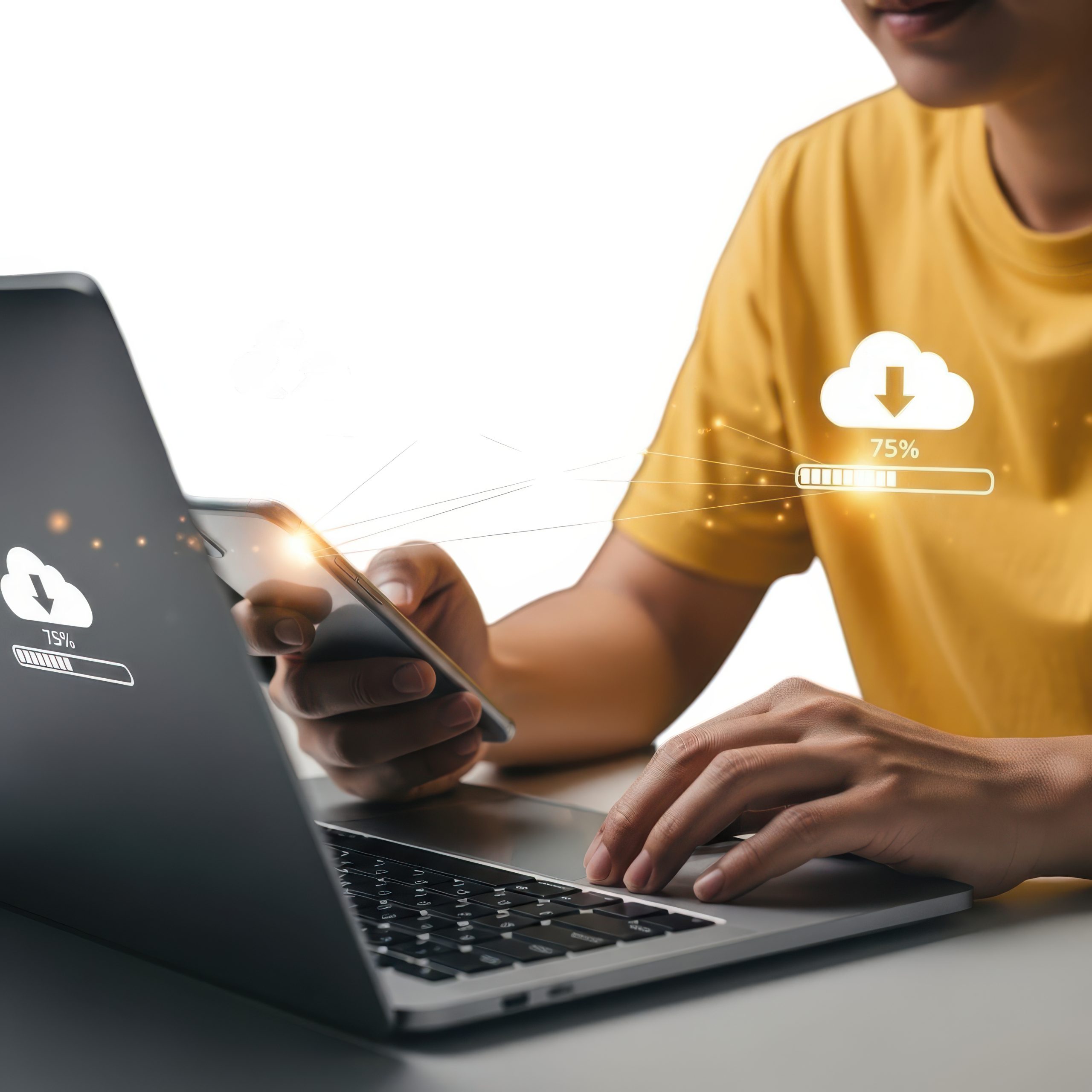 A person in a yellow shirt uses a laptop and credit card for online transactions, isolated on a white background.