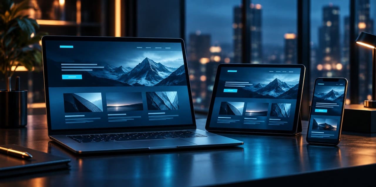 Responsive business website displayed across desktop, tablet and mobile devices